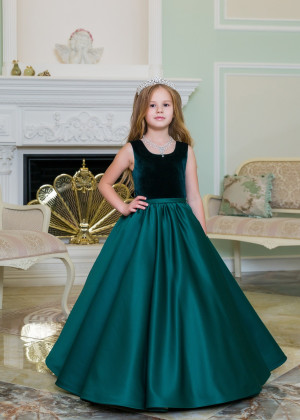 Scoop Neck Green Velvet Satin Elegant Flower Girl Dress
